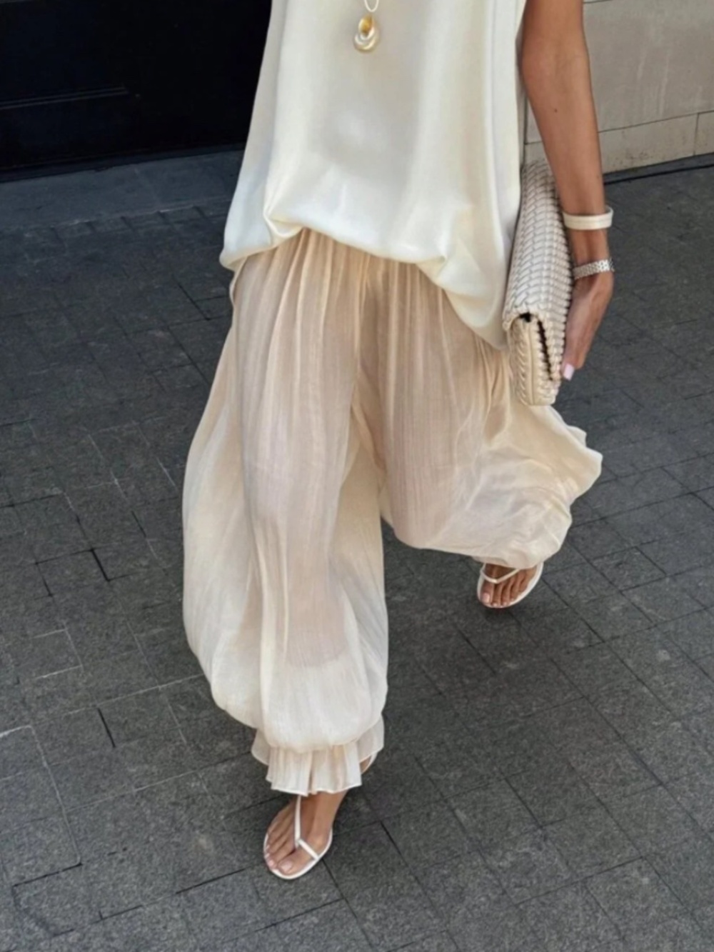 Beige Elegant Women's Balloon Long Pants with Bubble Pleated Wide Leg Harem